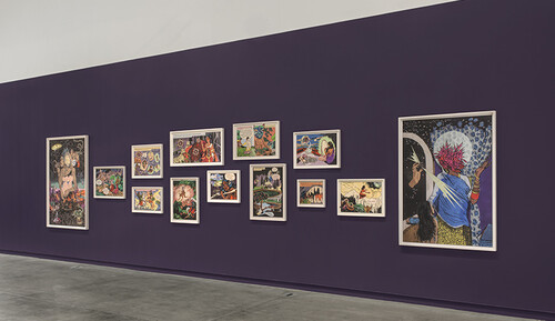 Installation view of Chitra Ganesh: Dreaming in Multiverse at the Mildred Lane Kemper Art Museum, Washington University in St. Louis, 2022. Courtesy of the artist; Hales, London and New York; and Gallery Wendi Norris, San Francisco.